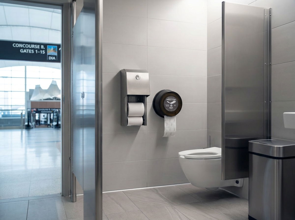 Egal Pads on a Roll dispenser mounted beside the toilet paper in an airport concourse restroom, gate signage visible through the door