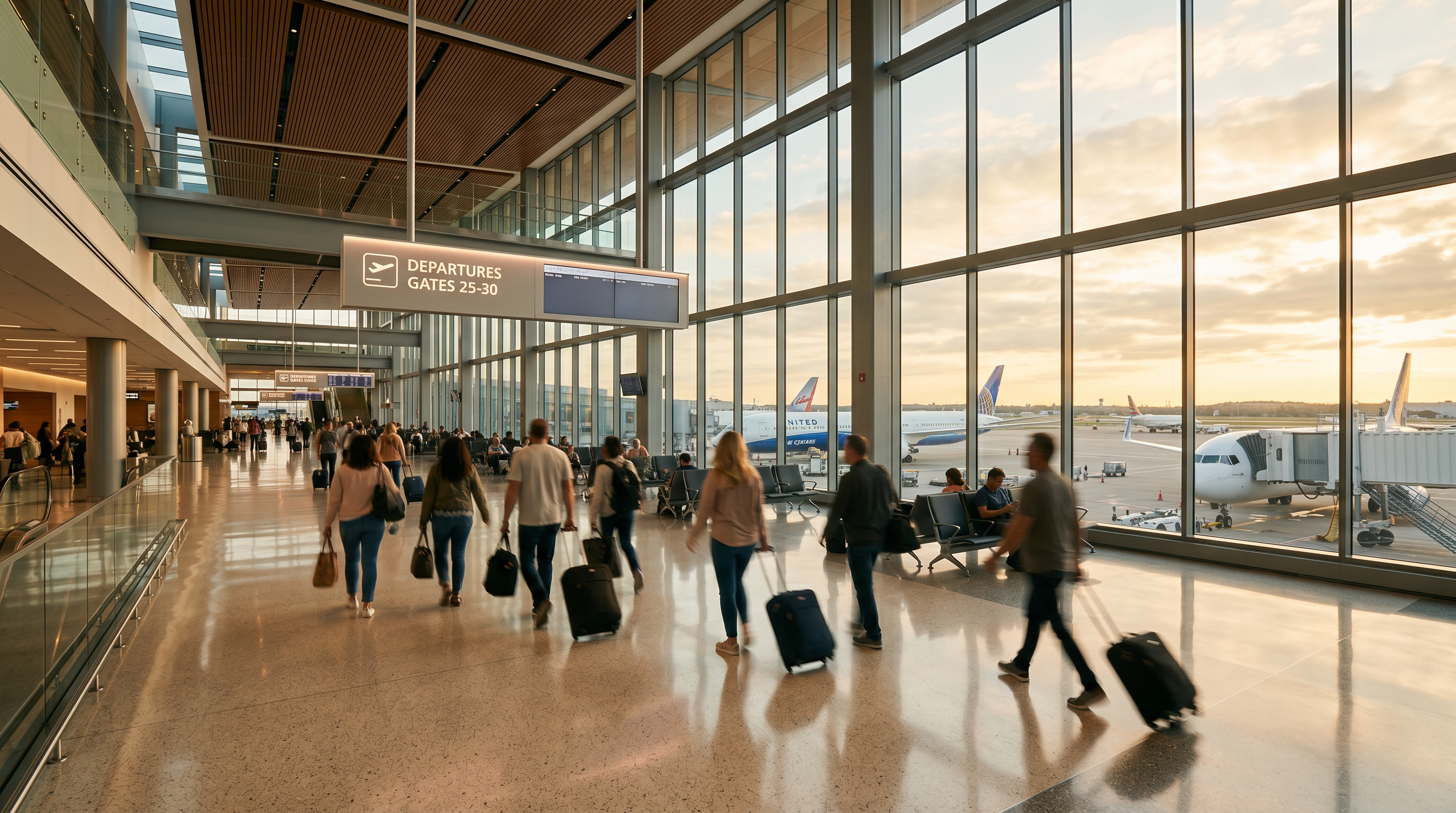 Travelers with luggage walking through a sunlit airport terminal past departure gates