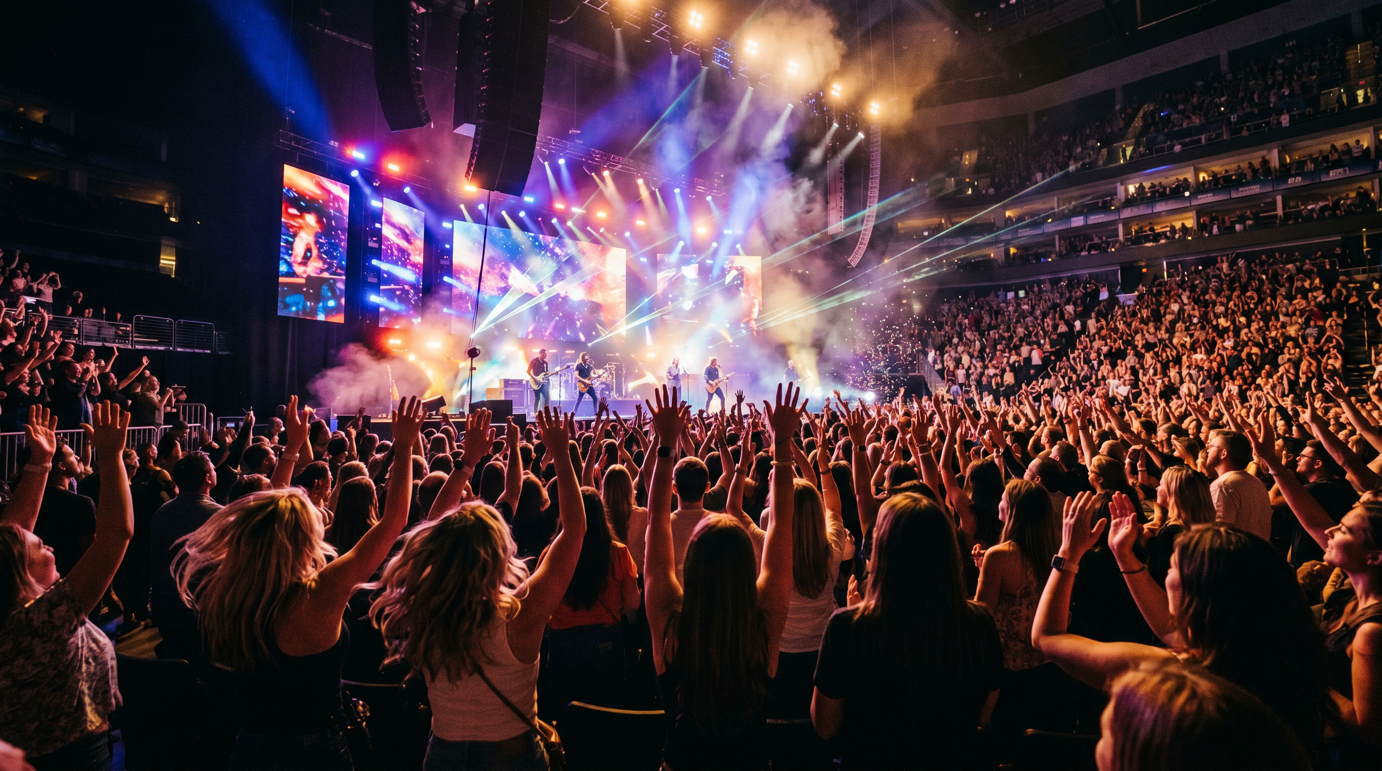 A packed arena crowd with arms raised in front of a brightly lit concert stage